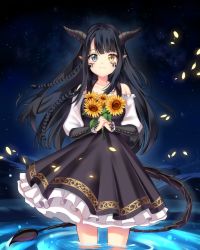 Rule 34 | 1girl, absurdres, bare shoulders, black hair, closed mouth, collarbone, commission, dress, flower, grey eyes, heterochromia, highres, holding, holding flower, horns, long hair, looking at viewer, monster girl, original, partially submerged, petals, scales, sky, slit pupils, solo, standing, star (sky), starry sky, sunflower, tail, wading, water, yaya chan, yellow eyes