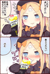 Rule 34 | 1girl, 2koma, abigail williams (fate), black bow, black dress, blonde hair, blue eyes, blush, bottle, bow, comic, crossed bandaids, dress, drinking, fate/grand order, fate (series), hair bow, highres, holding, holding bottle, long sleeves, looking at viewer, matsushita yuu, multiple hair bows, nose blush, orange bow, parted bangs, parted lips, polka dot, polka dot bow, sleeves past fingers, sleeves past wrists, translation request, upper body, v-shaped eyebrows