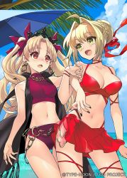 Rule 34 | 2girls, ahoge, alternate costume, beach umbrella, belly chain, blonde hair, blue sky, breasts, cleavage, earrings, ereshkigal (fate), fate/grand order, fate (series), green eyes, hair intakes, hoop earrings, infinity symbol, ito noizi, jewelry, large breasts, locked arms, long hair, looking at another, looking back, medium breasts, multiple girls, nero claudius (fate), nero claudius (fate) (all), nero claudius (fate/extra), official art, open mouth, outdoors, palm tree, parted bangs, red eyes, sky, tree, two side up, umbrella, very long hair, vest
