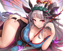Rule 34 | 1girl, armpit crease, arrow (projectile), between breasts, blush, breasts, bug, butterfly, butterfly wings, cleavage, collarbone, come hither, crown of thorns, facial mark, female focus, fire emblem, fire emblem heroes, forehead mark, gonzarez, grey hair, highres, insect, insect wings, japanese clothes, kimono, large breasts, long hair, looking at viewer, lying, nail polish, naughty face, nintendo, obi, official alternate costume, on side, plumeria (fire emblem), pointy ears, ponytail, red eyes, sash, shadow, sidelocks, skindentation, solo, tareme, tassel, thighs, very long hair, white background, wings