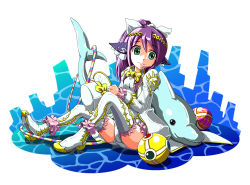 Rule 34 | 1girl, animal, aqua eyes, ball, beachball, bodysuit, boots, bow, bowtie, buttons, circlet, dolphin, fins, frills, full body, hair bow, hat, head fins, high heel boots, high heels, holding, holding clothes, holding hat, jacket, kurage (512572), long hair, long sleeves, looking at another, mini hat, mini top hat, ponytail, puffy long sleeves, puffy sleeves, purple hair, puzzle &amp; dragons, ruka (p&amp;d), simple background, sitting, smile, solo, thigh boots, thighhighs, top hat, unworn hat, unworn headwear, water, white background, white bow, white hat, white jacket, white thighhighs, wrist cuffs