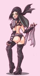 Rule 34 | 1girl, ass, bandana, black hair, boots, clothes lift, female focus, fingerless gloves, full body, gloves, green eyes, hatomame (pixiv209468), li mei, loincloth, long hair, looking back, midway, mortal kombat (series), open mouth, simple background, skirt, skirt lift, solo, thighhighs