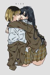 Rule 34 | after kiss, black hair, blonde hair, closed eyes, english text, hand on another&#039;s back, highres, hug, jacket, jacket partially removed, long hair, m k, messy hair, miniskirt, multicolored hair, original, plaid, plaid skirt, saliva, saliva trail, school uniform, short hair, simple background, sketch, skirt, tongue, tongue out, yuri