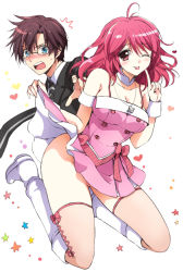 Rule 34 | 1boy, 1girl, ;p, akina tsukako, akizuki ryo (cosplay), akizuki ryo, alternate costume, asbel lhant, blue eyes, blush, boots, bow, brown hair, cheria barnes, clothes lift, cosplay, formal, glasses, heart, idolmaster, idolmaster dearly stars, jewelry, knee boots, legs, necklace, necktie, no panties, one eye closed, pink bow, pink hair, red eyes, skirt, skirt lift, star (symbol), suit, tales of (series), tales of graces, thighhighs, tongue, tongue out, wink