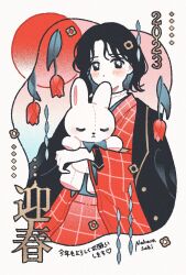 Rule 34 | 1girl, 2023, artist name, black coat, black eyes, black hair, black outline, blush, bright pupils, chinese zodiac, coat, commentary request, covered mouth, dot nose, flower, hair flower, hair ornament, heart, highres, holding, holding stuffed toy, japanese clothes, kimono, long sleeves, looking at viewer, nahara saki, new year, open clothes, open coat, original, outline, plaid kimono, red flower, red kimono, short hair, solo, stuffed animal, stuffed rabbit, stuffed toy, translation request, tulip, unfinished, white pupils, wide sleeves, year of the rabbit