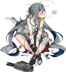 Rule 34 | 1girl, ahoge, bare shoulders, blue hair, boots, bow, bowtie, camisole, cross-laced footwear, damaged, fujikawa, full body, gloves, grey hair, grey pantyhose, hair bun, hair ribbon, kantai collection, kiyoshimo (kancolle), lace-up boots, long hair, long sleeves, looking at viewer, multicolored hair, official art, pantyhose, polka dot, ribbon, rigging, scratches, single hair bun, sitting, solo, spaghetti strap, torn clothes, torn pantyhose, torn sleeves, transparent background, twintails, v arms, very long hair, white ribbon