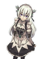 Rule 34 | 10s, 1girl, black gloves, black thighhighs, butterfly hair ornament, chaika trabant, dress, elbow gloves, gloves, hair ornament, hairband, highres, hitsugi no chaika, kazemura, lolita fashion, lolita hairband, long hair, looking at viewer, purple eyes, simple background, skirt, smile, solo, thighhighs, white background, white hair