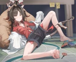Rule 34 | 1girl, barefoot, black shorts, black tail, blue archive, coat, coat partially removed, demon horns, demon tail, feng zhe (user jnxf3524), hair intakes, halo, highres, horns, kasumi (blue archive), lab coat, pillow, red halo, red shirt, shirt, shirt tucked in, shorts, sleeves past fingers, sleeves past wrists, solo, spread legs, tail, toes, white coat