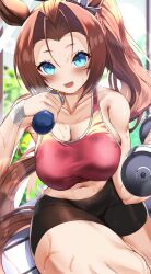 Rule 34 | 1girl, absurdres, alternate costume, animal ears, armpits, bare shoulders, bike shorts, blue eyes, bottle, bow, breasts, brown hair, cleavage, collarbone, commentary request, day, dumbbell, ear bow, ear ornament, foreshortening, hair between eyes, hair intakes, hand wraps, highres, holding, holding bottle, holding dumbbell, horse ears, horse girl, horse tail, indoors, kawakami princess (umamusume), large breasts, long hair, looking at viewer, lower teeth only, maou (maoudaisukiya), midriff, navel, open mouth, parted bangs, pink sports bra, ponytail, shadow, sidelocks, sitting, skindentation, solo, sports bra, steam, sweat, tail, teeth, umamusume, water bottle, wet, wet clothes, window