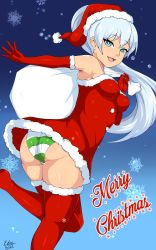Rule 34 | 1girl, 2016, absurdres, artist name, ass, blue eyes, blue hair, breasts, christmas, cleavage, dress, exlic, hat, highres, long hair, looking at viewer, medium breasts, open mouth, panties, red thighhighs, rwby, santa costume, santa dress, santa hat, shiny clothes, shiny skin, smile, solo, striped clothes, striped panties, text focus, thick thighs, thighhighs, thighs, underwear, very long hair, weiss schnee