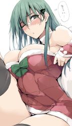Rule 34 | 1girl, black thighhighs, breasts, cleavage, commentary request, detached sleeves, dress, fur trim, green eyes, green hair, hair between eyes, hair ornament, highres, kantai collection, large breasts, long hair, official alternate costume, one eye closed, panties, pantyshot, parted lips, red dress, santa costume, short dress, simple background, suzuya (kancolle), sweat, thighhighs, translation request, underwear, white background, zekkyon