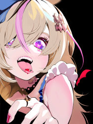 Rule 34 | 1girl, black background, blonde hair, blood, eyebrows hidden by hair, fangs, frills, hair ornament, heart, heart-shaped pupils, highres, hololive, kannougame, looking at viewer, multicolored hair, omaru polka, open mouth, pink hair, solo, streaked hair, symbol-shaped pupils, tongue, tongue out, virtual youtuber
