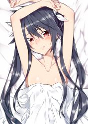 Rule 34 | 1girl, armpits, arms up, bed sheet, black hair, blush, breasts, brown eyes, collarbone, commentary request, hair between eyes, hair ribbon, long hair, looking at viewer, lying, on back, ore twintail ni narimasu, ribbon, small breasts, smile, solo, topless, tsube aika, twintails, yuto (dialique)