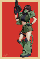 Rule 34 | 1girl, black gloves, boots, breasts, brown hair, commentary, commission, english commentary, gloves, green skirt, gun, gundam, head tilt, highres, holding, holding gun, holding weapon, humanization, large breasts, looking at viewer, mask, medium hair, mobile suit gundam, pink eyes, roviahc, shoulder spikes, skirt, solo, spikes, thigh strap, weapon, zaku ii