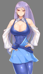 Rule 34 | 1girl, breasts, cleavage, female focus, grey background, gundam, gundam zz, hands on own hips, highres, large breasts, long hair, looking at viewer, pantyhose, pouch, purple hair, red eyes, roux louka, simple background, smile, solo, wolffeld price