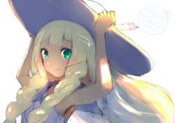 Rule 34 | 1girl, armpits, arms up, blonde hair, blush, braid, closed mouth, cocoloco, collared dress, commentary request, creatures (company), dress, game freak, green eyes, hand on headwear, hat, lillie (pokemon), long hair, looking at viewer, looking to the side, nintendo, pokemon, pokemon sm, simple background, sleeveless, sleeveless dress, smile, solo, sun hat, twin braids, watermark, white background, white dress, white hat