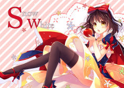 Rule 34 | 1girl, apple, black thighhighs, brown eyes, brown hair, character name, disney, food, fruit, high heels, holding, holding food, holding fruit, jewelry, mochizuki shiina, necklace, open mouth, original, puff and slash sleeves, puffy short sleeves, puffy sleeves, red footwear, ribbon, shirt, short sleeves, skirt, snow white, snow white (disney), snow white and the seven dwarfs, solo, striped background, striped ribbon, thighhighs, zettai ryouiki