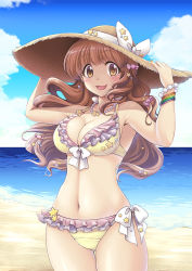 Rule 34 | 10s, 1girl, :3, ahore, beach, bikini, blush, bracelet, breasts, brown eyes, brown hair, cleavage, cloud, cloudy sky, day, food-themed hair ornament, hair ornament, hand on headwear, hands on headwear, hat, idolmaster, idolmaster cinderella girls, jewelry, long hair, looking at viewer, moroboshi kirari, narumizg, navel, necklace, ocean, open mouth, outdoors, pearl necklace, shore, sky, smile, solo, standing, star (symbol), sun hat, swimsuit