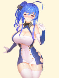 Rule 34 | 1girl, ahoge, azur lane, bad id, bad pixiv id, bare shoulders, blue hair, blush, breasts, cleavage, clothing cutout, dress, elbow gloves, garter straps, gloves, hair ornament, large breasts, long hair, looking at viewer, purple eyes, ratio (ratio-d), side cutout, side ponytail, sidelocks, simple background, smile, solo, st. louis (azur lane), thighhighs, white gloves, white thighhighs