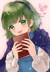 Rule 34 | 1girl, blue eyes, blush, book, cape, fire emblem, fire emblem: the blazing blade, green hair, hairband, kiyuu, looking at viewer, nino (fire emblem), nintendo, open mouth, purple hairband, short hair, simple background, smile, solo