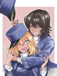 Rule 34 | 2girls, @ @, andou (girls und panzer), bc freedom (emblem), bc freedom military uniform, blonde hair, blue eyes, blue jacket, blush, border, brown eyes, brown hair, commentary request, dark-skinned female, dark skin, dress shirt, emblem, girls und panzer, grin, hair between eyes, hat, heart, heart in mouth, highres, hug, jacket, long hair, long sleeves, looking at viewer, messy hair, military, military hat, military uniform, multiple girls, one eye closed, open mouth, oshida (girls und panzer), outside border, pink background, shirt, short hair, simple background, smile, teeth, uniform, upper body, white border, white shirt, xxxnotaxxx, yuri