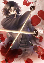 Rule 34 | 10s, 1boy, belt, black hair, black pants, blood, blood splatter, coat, covered mouth, cowboy shot, drifters, dual wielding, fate/grand order, fate (series), fighting stance, flower, hatori mia, highres, hijikata toshizou (drifters), holding, holding sword, holding weapon, male focus, open clothes, open coat, pale skin, pants, parted bangs, popped collar, sheath, short hair, solo, sword, uniform, unsheathed, weapon
