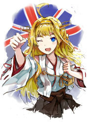 Rule 34 | 10s, 1girl, ahoge, alternate hair color, bad id, bad pixiv id, bare shoulders, blonde hair, blue eyes, detached sleeves, female focus, hair ornament, hairband, japanese clothes, kantai collection, kongou (kancolle), long hair, nontraditional miko, one eye closed, open mouth, skirt, smile, solo, spark (sandro), union jack, white background, wide sleeves