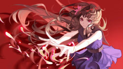 Rule 34 | 1girl, absurdres, belt, brown hair, closed mouth, dress, fire, floating hair, flower, hair flower, hair ornament, highres, outstretched arms, purple dress, purple eyes, red background, rolling-ruffles, sailor collar, shadow, sleeveless, sleeveless dress, solo, tower of god, upper body, yeon yihwa