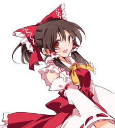 Rule 34 | 1girl, :d, ascot, blush, bow, breasts, brown eyes, collared shirt, commentary request, frilled neckwear, frilled shirt collar, frilled skirt, frills, hair bow, hair tubes, hakurei reimu, ichimura kanata, long hair, long sleeves, looking at viewer, medium breasts, nontraditional miko, open mouth, ponytail, red bow, red skirt, red vest, ribbon-trimmed sleeves, ribbon trim, shirt, sidelocks, simple background, skirt, smile, solo, touhou, vest, white background, wide sleeves, wing collar, yellow ascot