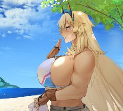 Rule 34 | 1girl, absurdres, bare shoulders, barghest (fate), barghest (swimsuit archer) (fate), barghest (swimsuit archer) (final ascension) (fate), barghest (swimsuit archer) (first ascension) (fate), beach, biceps, bikini, blonde hair, blue sky, blush, breasts, brown gloves, fate/grand order, fate (series), fingerless gloves, gloves, green eyes, grey skirt, hat, highres, horns, huge breasts, long hair, multicolored bikini, multicolored clothes, muscular, muscular female, obazzotto, open mouth, shore, sideboob, skirt, sky, solo, swimsuit, tree, unworn hat, unworn headwear, very long hair, white bikini, white hat