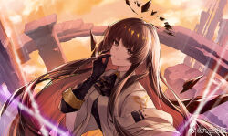 Rule 34 | 1girl, ahoge, architecture, arknights, artist name, ascot, belt, belt buckle, black ascot, black eyes, black gloves, black hair, black halo, black shirt, black wings, blunt bangs, blurry, blurry foreground, bridge, broken halo, buckle, building, buttons, chinese commentary, cloud, cloudy sky, collared jacket, commentary request, dark halo, day, detached wings, dress shirt, energy wings, floating hair, from side, gloves, halo, hand to own mouth, hand up, highres, hime cut, jacket, jiusan naitang, light rays, long hair, long sleeves, looking at viewer, mole, mole under eye, outdoors, outstretched hand, parted lips, pillar, shirt, short-sleeved jacket, short sleeves, sidelocks, sky, smile, solo, sunlight, upper body, very long hair, virtuosa (arknights), weibo logo, weibo watermark, white belt, white jacket, wide sleeves, wings, yellow sky