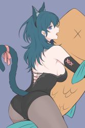 Rule 34 | 1girl, animal ears, ass, black leotard, blue eyes, blue hair, byleth (female) (fire emblem), byleth (fire emblem), cat ears, cat girl, cat tail, fire emblem, fire emblem: three houses, from behind, highres, leotard, looking back, nintendo, open mouth, pantyhose, shimizu akina, simple background, solo, tail