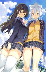 Rule 34 | 2girls, black hair, black jacket, blue eyes, blue sky, blush, bow, cardigan, cloud, commentary, covering ass, covering privates, day, from below, hair bow, hair ornament, hairclip, higuchi kaede, higuchi kaede (1st costume), jacket, long hair, looking at viewer, miniskirt, mole, mole under eye, multiple girls, necktie, nijisanji, open clothes, open mouth, outdoors, panties, pink bow, pink neckwear, plaid, plaid skirt, pleated skirt, ponytail, purple eyes, purple neckwear, rooftop, school uniform, shimeji (4 me ji), silver hair, skirt, skirt hold, sky, thighhighs, thighs, tsukino mito, tsukino mito (1st costume), underwear, virtual youtuber, white bow, zettai ryouiki