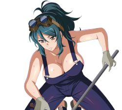 Rule 34 | 00s, 1girl, blacksmith, breasts, breasts squeezed together, brown eyes, gloves, green hair, hair ornament, holding, holding instrument, ikkitousen, instrument, koutetsu (ikkitousen), large breasts, long hair, looking down, no bra, overalls, ponytail, shiny skin, shoes, solo, squatting, sweat, sweatdrop