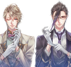 Rule 34 | 2boys, adjusting clothes, adjusting gloves, aladdin (sinoalice), bad id, bad twitter id, black hair, blonde hair, blue eyes, bow, bowtie, butler, closed mouth, collared shirt, formal, glasses, gloves, hameln (sinoalice), happy, highres, looking at viewer, male focus, multicolored hair, multiple boys, necktie, npyon3, one eye closed, purple hair, red eyes, serious, shirt, short hair, sinoalice, smile, suit, two-tone hair, white background