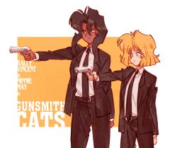 Rule 34 | 2girls, arms behind back, text background, black hair, blonde hair, blue eyes, copyright name, disgust, formal, gun, gunsmith cats, gutalalaman, highres, minnie may hopkins, multiple girls, pulp fiction, rally vincent, short hair, suit, weapon