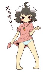 Rule 34 | 1girl, :3, animal ears, black eyes, black hair, blush stickers, carrot, carrot necklace, clothes lift, inaba tewi, jewelry, necklace, panties, pendant, rabbit ears, short hair, skirt, skirt lift, solo, striped clothes, striped panties, touhou, underwear, upskirt, zannen na hito