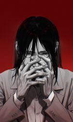 Rule 34 | 1boy, buttons, collared jacket, eren yeager, hands on own face, highres, jacket, long hair, looking at viewer, male focus, marley military uniform, monochrome, o3tofu, red background, shingeki no kyojin, solo, swept bangs