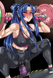 Rule 34 | 1girl, abs, absurdres, action taimanin, alternate costume, ass, barbell, blue hair, blush, breasts, cleavage, clenched teeth, covered erect nipples, curvy, dildo, dildo riding, exercising, fingerless gloves, gloves, grabbing, gym, gym uniform, heavy breathing, highres, hime cut, huge ass, indoors, large breasts, lens flare, lips, long hair, moaning, object insertion, official alternate costume, pants, penetration through clothes, ponytail, pussy juice, r-wade, red eyes, sex toy, shiny skin, skin tight, solo, sparkle, sports bra, sportswear, spread legs, squatting, sweat, sweatdrop, taimanin (series), taimanin asagi, taimanin murasaki, teeth, through clothes, toned, vaginal, vaginal object insertion, very long hair, weightlifting, weights, yatsu murasaki, yoga pants