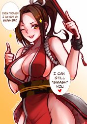 Rule 34 | 1girl, :d, arm guards, bare shoulders, blush, breasts, brown eyes, brown hair, cleavage, folded fan, english text, fatal fury, folding fan, hand fan, high ponytail, highres, large breasts, ninja, one eye closed, open mouth, pelvic curtain, pointing, pointing at viewer, ponytail, revealing clothes, rope, shiranui mai, sideboob, smile, solo, the king of fighters, thighs, tinnies