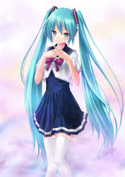 Rule 34 | 1girl, absurdres, aqua eyes, aqua hair, blush, bow, bowtie, dress, hatsune miku, highres, long hair, own hands clasped, own hands together, project diva, project diva (series), project diva 2nd, school uniform, smile, solo, thighhighs, toshi, toshi (www000wj), twintails, very long hair, vocaloid, white thighhighs