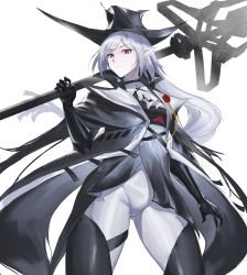 Rule 34 | 1girl, absurdres, arknights, ascot, black cape, black dress, black gloves, black headwear, black thighhighs, cape, cowboy shot, dress, gladiia (arknights), gloves, hat, head tilt, highres, holding, holding polearm, holding spear, holding weapon, looking at viewer, over shoulder, pants, piercing, planted, planted spear, pointy ears, polearm, red eyes, silver hair, spear, thighhighs, tight clothes, tight pants, weapon, weapon over shoulder, white ascot, white background, white pants, zzq