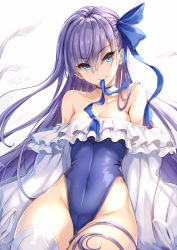 Rule 34 | 1girl, artist name, blue choker, blue eyes, blue ribbon, choker, commentary request, covered navel, crotch seam, dated, fate/grand order, fate (series), hair between eyes, hair ribbon, highleg, highleg swimsuit, highres, long hair, long sleeves, looking at viewer, meltryllis, meltryllis (fate), meltryllis (swimsuit lancer) (fate), meltryllis (swimsuit lancer) (second ascension) (fate), mouth hold, purple hair, ribbon, simple background, sleeves past wrists, smile, solo, swimsuit, tel-o, very long hair, white background