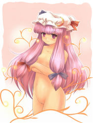 Rule 34 | 1girl, bad id, bad pixiv id, breasts, cleft of venus, cowboy shot, female focus, gradient background, hat, long hair, medium breasts, nipples, nude, patchouli knowledge, purple hair, pussy, ribbon, solo, tdk, touhou, uncensored, white background