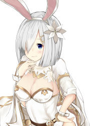 Rule 34 | 1girl, absurdres, alternate costume, animal ears, belt, blue eyes, blush, breasts, rabbit ears, cape, cleavage, commentary request, cosplay, covered navel, djeeta (granblue fantasy), djeeta (granblue fantasy) (cosplay), fake animal ears, flower, granblue fantasy, hair flower, hair ornament, hair over one eye, hairband, hairclip, hamakaze (kancolle), hand on own hip, highres, kantai collection, large breasts, leotard, nemun (tamizzz), sage (granblue fantasy), short hair, silver hair, simple background, smile, solo, white background, white cape, wrist cuffs
