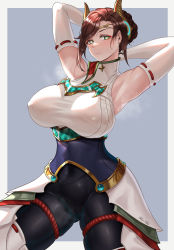 Rule 34 | 1girl, absurdres, alexandria (xenoblade), armpits, braid, breasts, brown hair, covered erect nipples, forehead protector, french braid, green eyes, headpiece, highres, large breasts, moonface, ornament, simple background, sweat, xenoblade chronicles (series), xenoblade chronicles 3