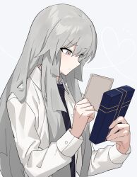 Rule 34 | 1girl, bad link, black necktie, blush, box, chorefuji, closed mouth, collared shirt, commentary request, gift, gift box, grey eyes, grey hair, highres, holding, holding gift, long hair, long sleeves, looking down, necktie, original, red pupils, shirt, sidelocks, simple background, solo, upper body, white background, white shirt