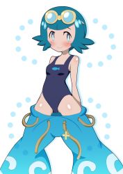 Rule 34 | 10s, 1girl, alternate color, arms behind back, bare shoulders, blue eyes, blue hair, blunt bangs, blush, closed mouth, clothes pull, creatures (company), female focus, game freak, goggles, highres, lana (pokemon), nintendo, npc trainer, one-piece swimsuit, pants, pants pull, pokemon, pokemon (anime), pokemon sm, pokemon sm (anime), ruirui weiwei, shiny skin, short hair, smile, solo, standing, swimsuit, trial captain, white background