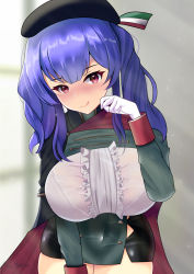Rule 34 | 1girl, :q, absurdres, azur lane, beret, black cape, black hat, bra, bra visible through clothes, breasts, cape, center frills, covered navel, dress, framed breasts, frills, gloves, hat, highres, italian flag, lace, lace-trimmed bra, lace trim, large breasts, long hair, looking at viewer, pinesphere, pink eyes, pola (azur lane), purple hair, red cape, skindentation, solo, taut clothes, taut dress, tongue, tongue out, two-tone cape, two-tone dress, underwear, white gloves