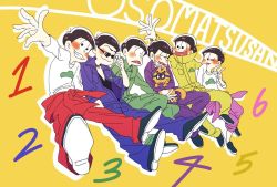 Rule 34 | 10s, 6+boys, ;), black hair, brothers, cat, clothes around waist, copyright name, esper nyanko, high collar, jumpsuit, male focus, matsuno choromatsu, matsuno ichimatsu, matsuno jyushimatsu, matsuno karamatsu, matsuno osomatsu, matsuno todomatsu, multiple boys, one eye closed, osomatsu-kun, osomatsu-san, osomatsu (series), sextuplets, siblings, simple background, smile, yellow background, yuu (723825)